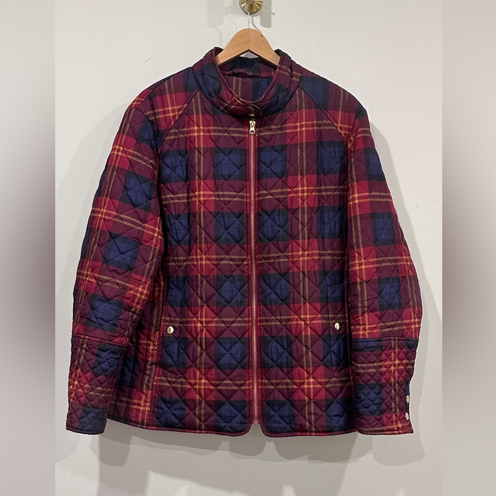 Burgundy, Blue & Yellow Plaid Quilted Jacket w Zipper Closure Mock Neck Collar - Picture 5 of 11